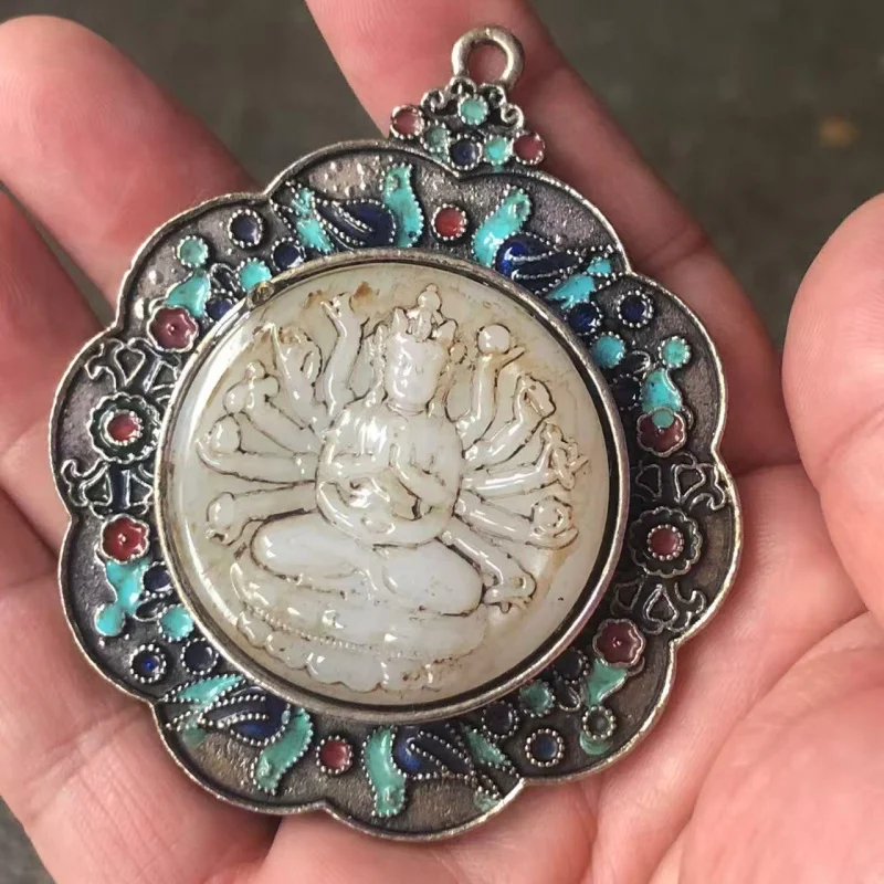 Antique vintage Tibetan silver pendant with cloisonné enamel and white jade, featuring Thousand-Armed Guanyin
