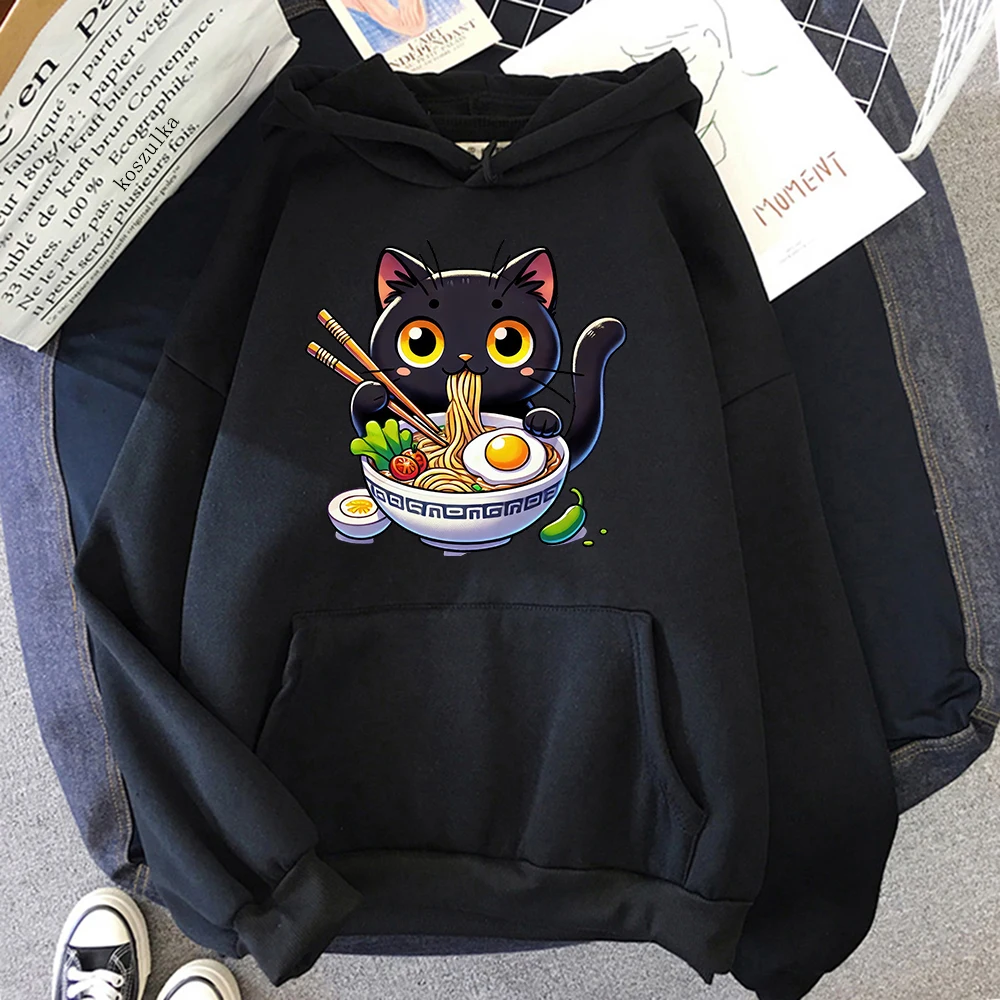 Kat Ramen Hoodie Vrouwen Harajuku Grappige Leuke Grafische Noodle Hoodies Unisex Japanse Anime Esthetische Noodle Truien Sweatshirts