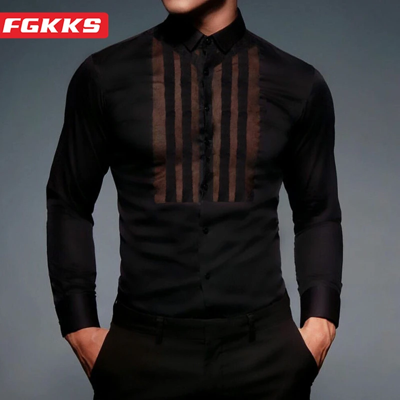 FGKKS 2023 Casual Shirt Men\'s Solid Color Sexy See-Through Fashion Tops High Quality Design Hot Striped Splicing Shirt Men