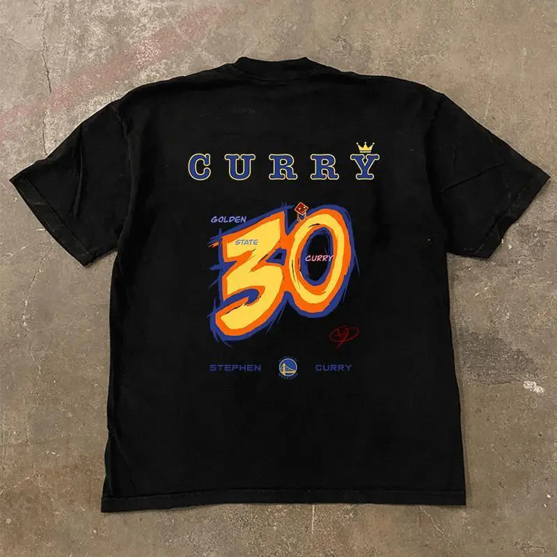 

American New Summer Retro Heavy Hand-drawn Comic Library Printing Cotton Short-sleeved T-shirt Summer Loose Sports Niche Design