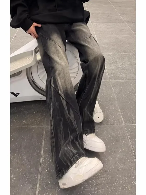 

aduated Tie Dye Flared Jeans Men's Autumn Winter Tall Size Straight Leg American Retro Vibe Casual Wear Resistant