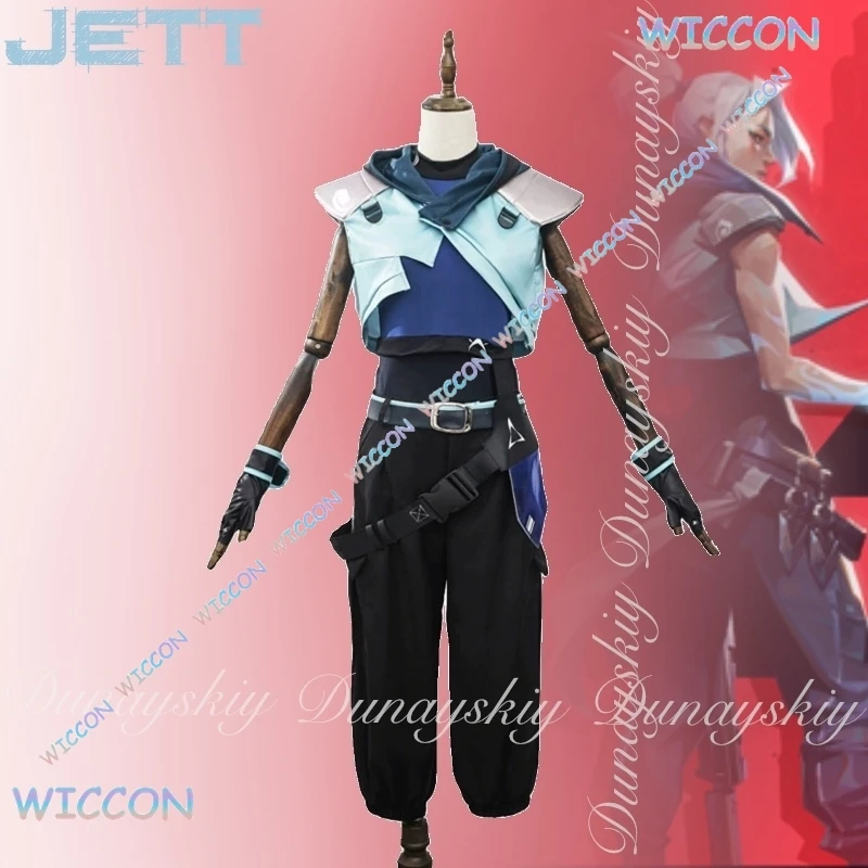 Panda/VALORANT juego Jett Cosplay personajes duelos con el uniforme de combate azul negro con peluca de cola de caballo blanca disfraz de Cosplay