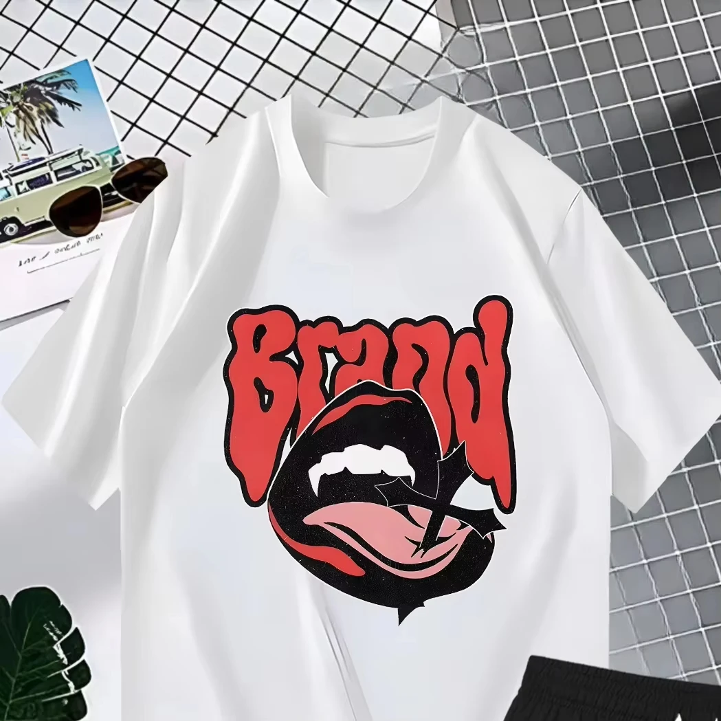 

2025 Roaring red lips alphabet print men's and women's casual short-sleeved T-shirt sports suit fashion trend American Y2K
