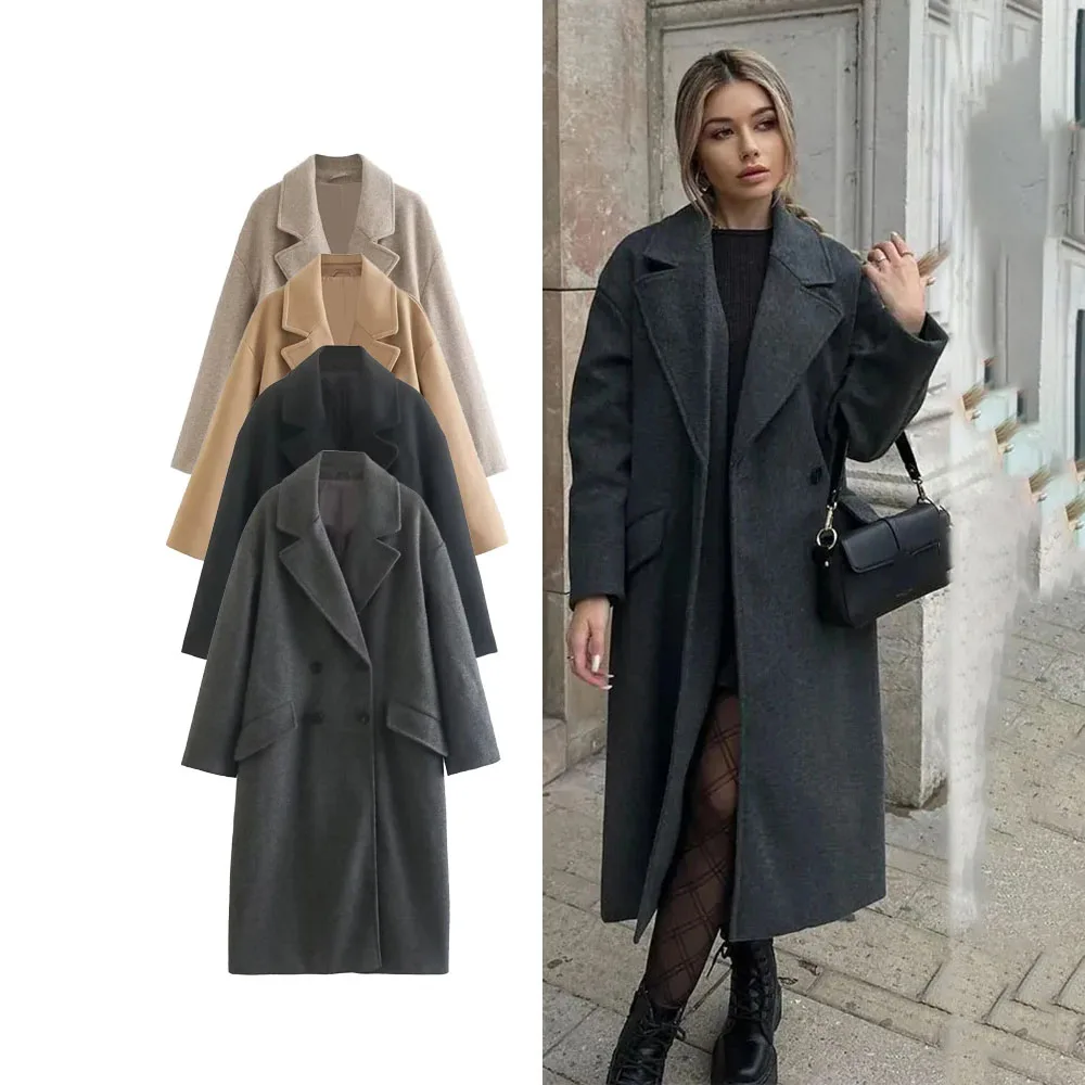 Women\'s New Double-Breasted Warm Trench Coat Fall And Winter Fashion V-Neck Long-Sleeved Pocket Tweed Coat Women Long Coat