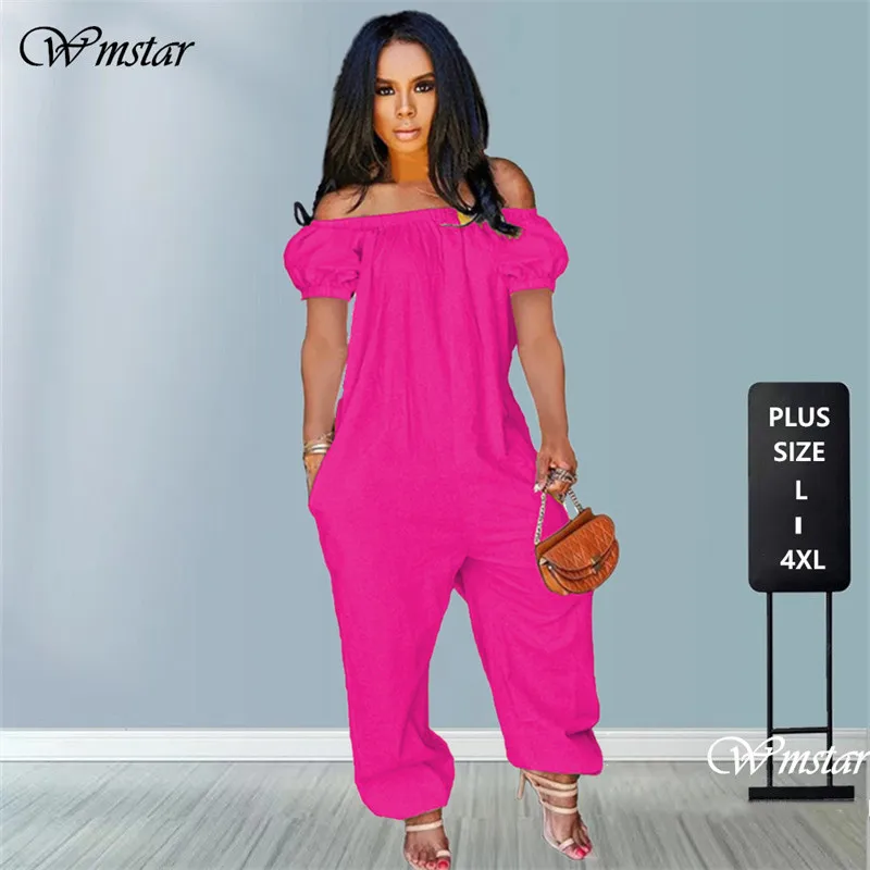 Plus Size S-4xl Jumpsuit Women Elegance Wholesale Off Shoulder Solid Short Sleeve Loose Overalls One Piece Outfits Dropshpping