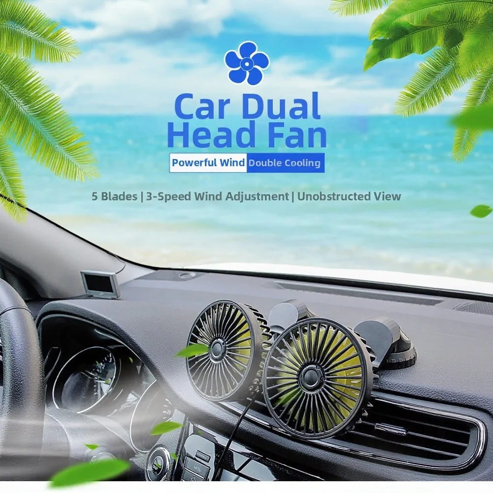 5v Usb Car Cooler Double Head Car Fan 360 Degree Rotation Base Energy Efficient Design Plastic And Metal Build