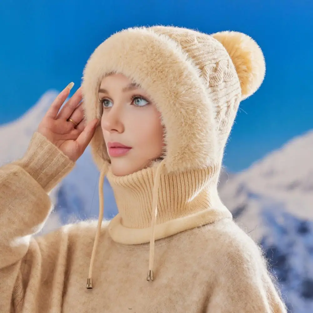 Insulated Snood Women’s Knitting Hat with Plush Ball Windproof Insulated Winter Cap 3-in-1 Thickened Face Guard for Weather