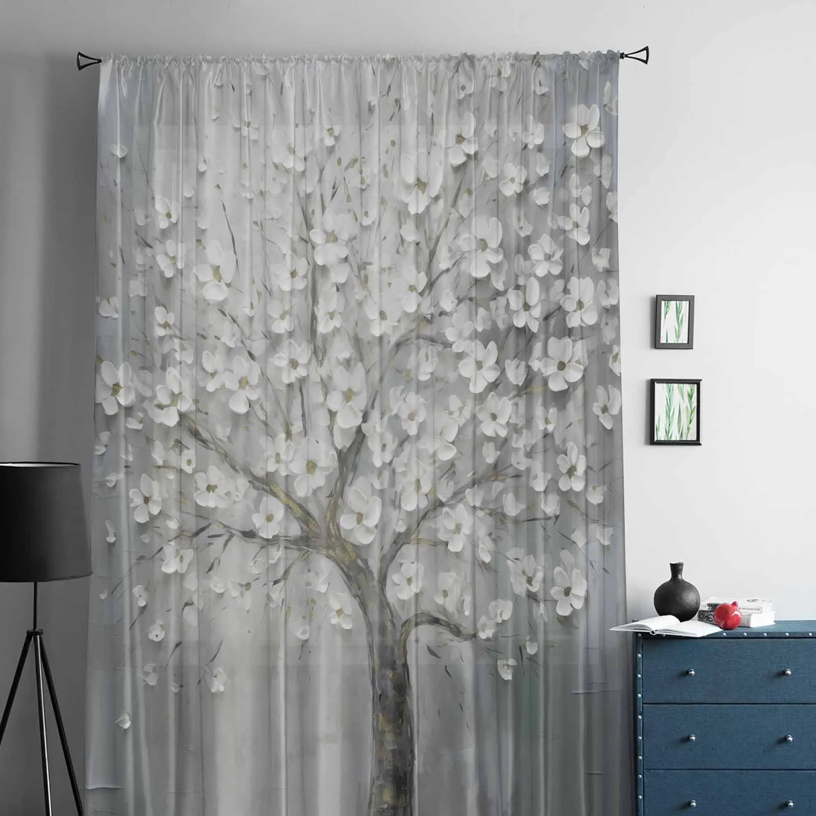 Tree Flower Oil Painting Style Flower Voile Sheer Curtains Living Room Window Tulle Curtain Kitchen Bedroom Drapes Home Decor