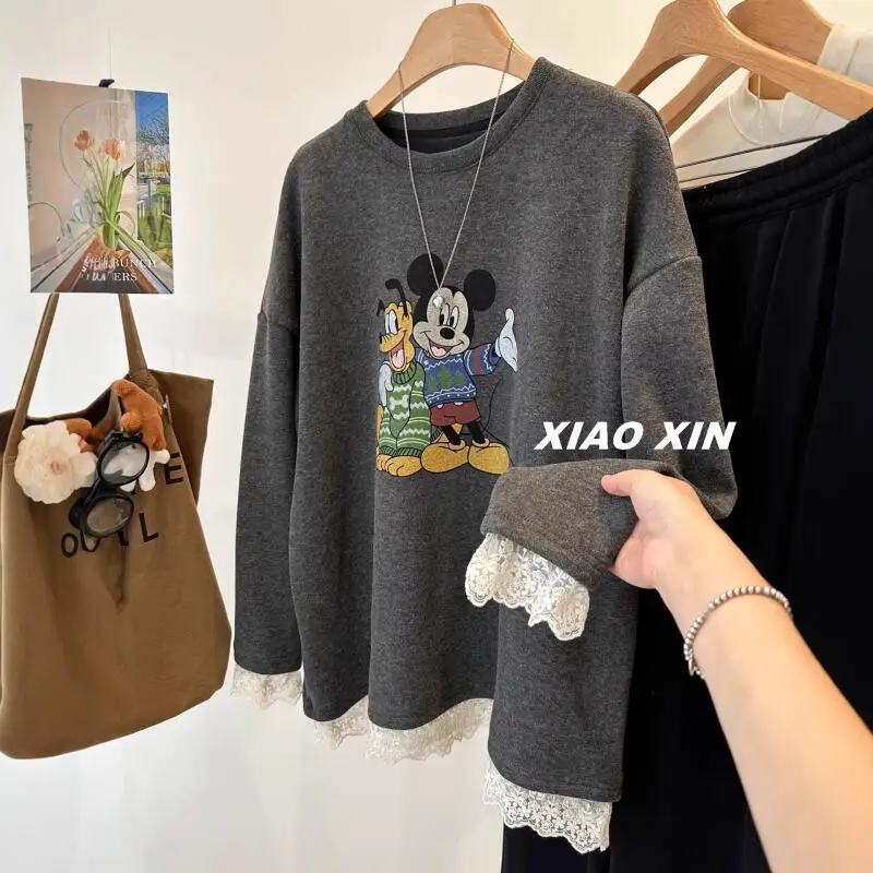 

Женский свитшот с кружевной отделкой «Микки и Дональд Дак», осень 2022, серый пуловер, повседневная уличная одежда, Y2K, эстетичная мода, удобный