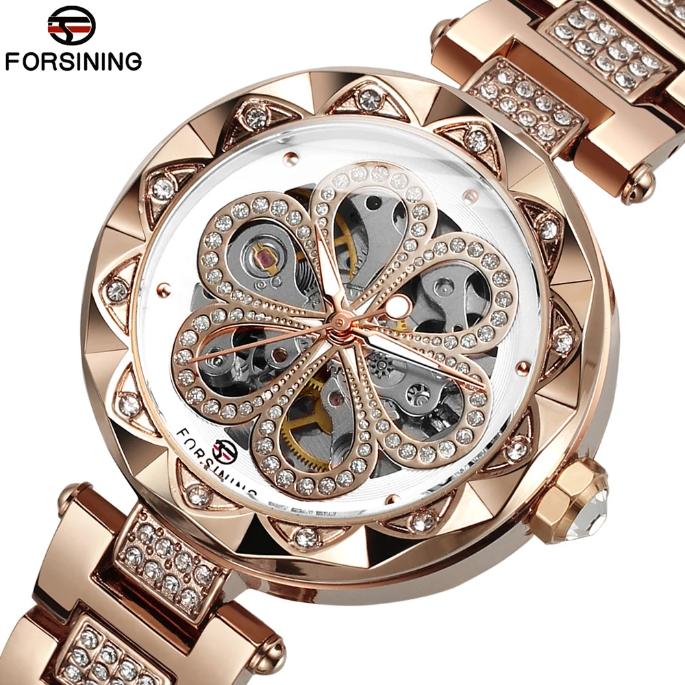 FORSINING Luxury Elegant Ladies' Automatic Mechanical Movement Woman's Rhinestone Watches Rose Gold Luminous Hands Metal Strap