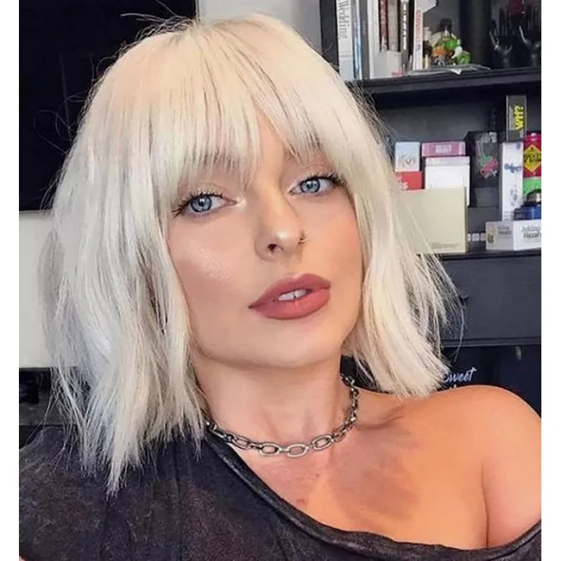 

Женские короткие платиновые блондинки прямые парики боб с челкой косплей Хэллоуин