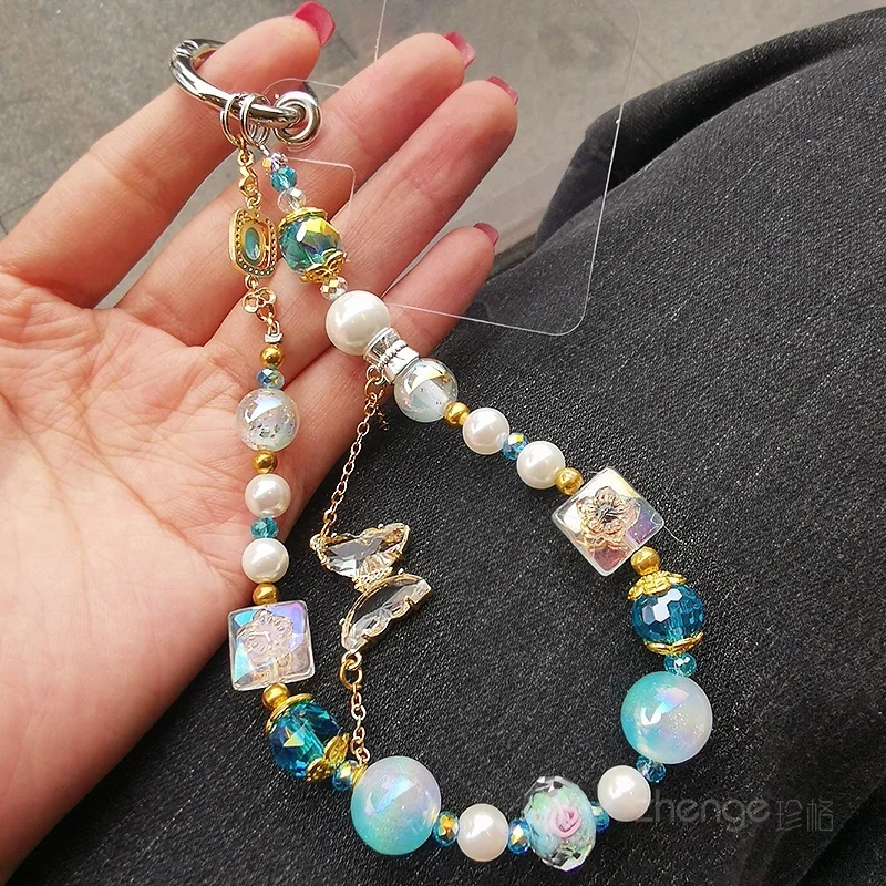 Crystal Butterfly Beaded Mobile Phone Chain Clip Mobile Phone Case Universal Handmade Beaded Chain Mobile Phone Lanyard Short