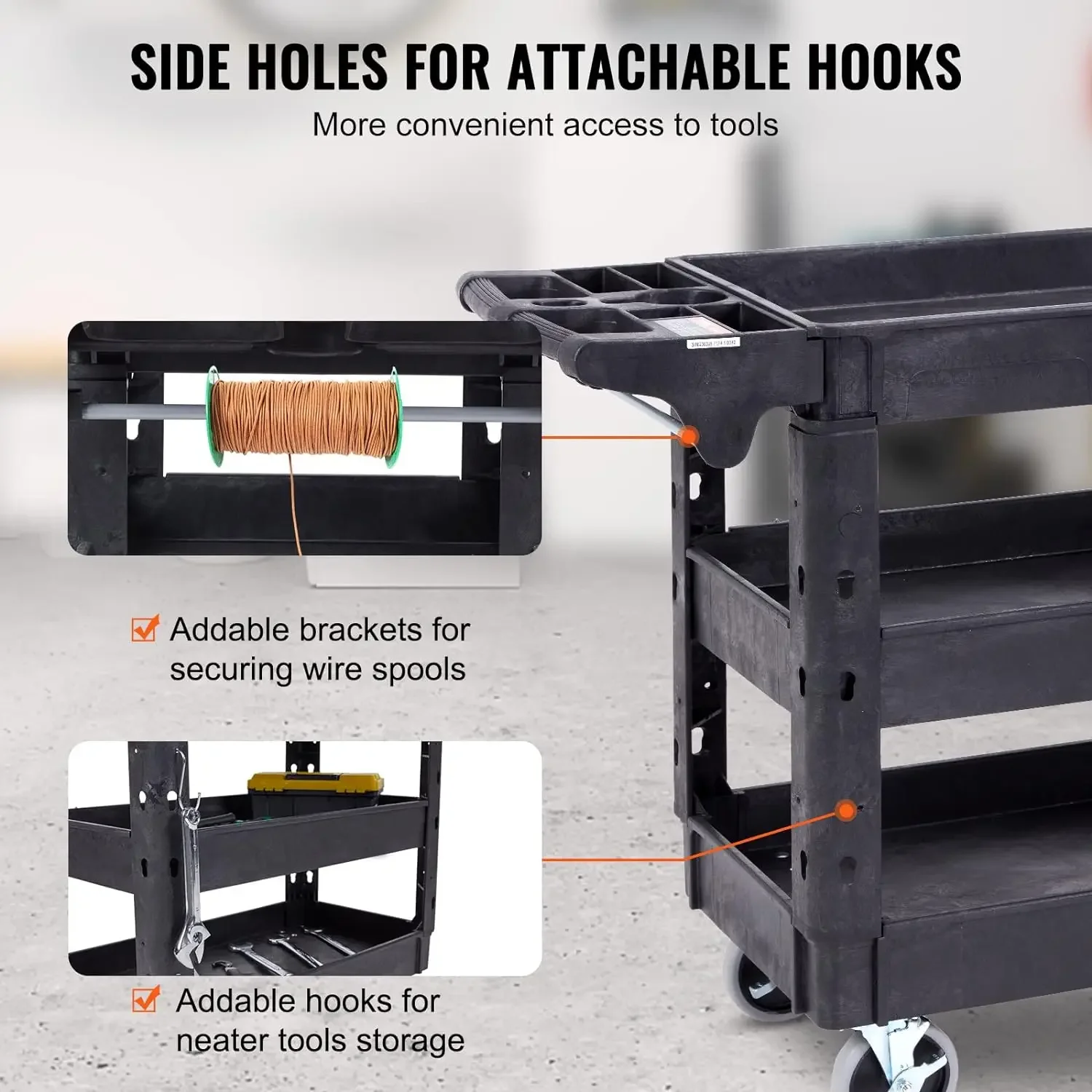 Utility Service Cart,Heavy Duty 3 Shelf 550LBS Plastic Rolling Utility Cart with 360° Swivel Wheels (2 with Brakes)