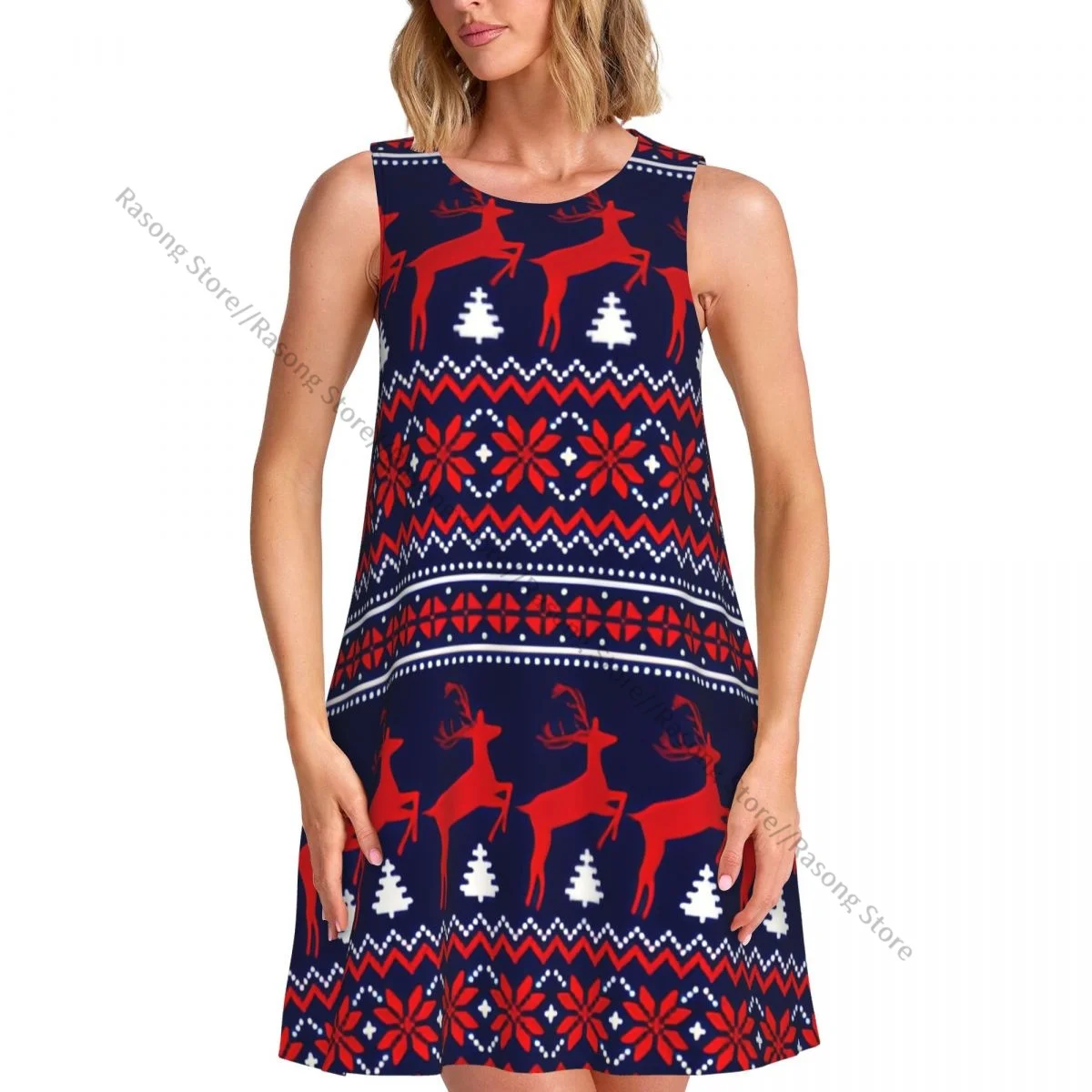Women's Dress Summer Casual T Shirt Dresses Beach Cover up Knitted Pixel Christmas Pattern Tank Dress