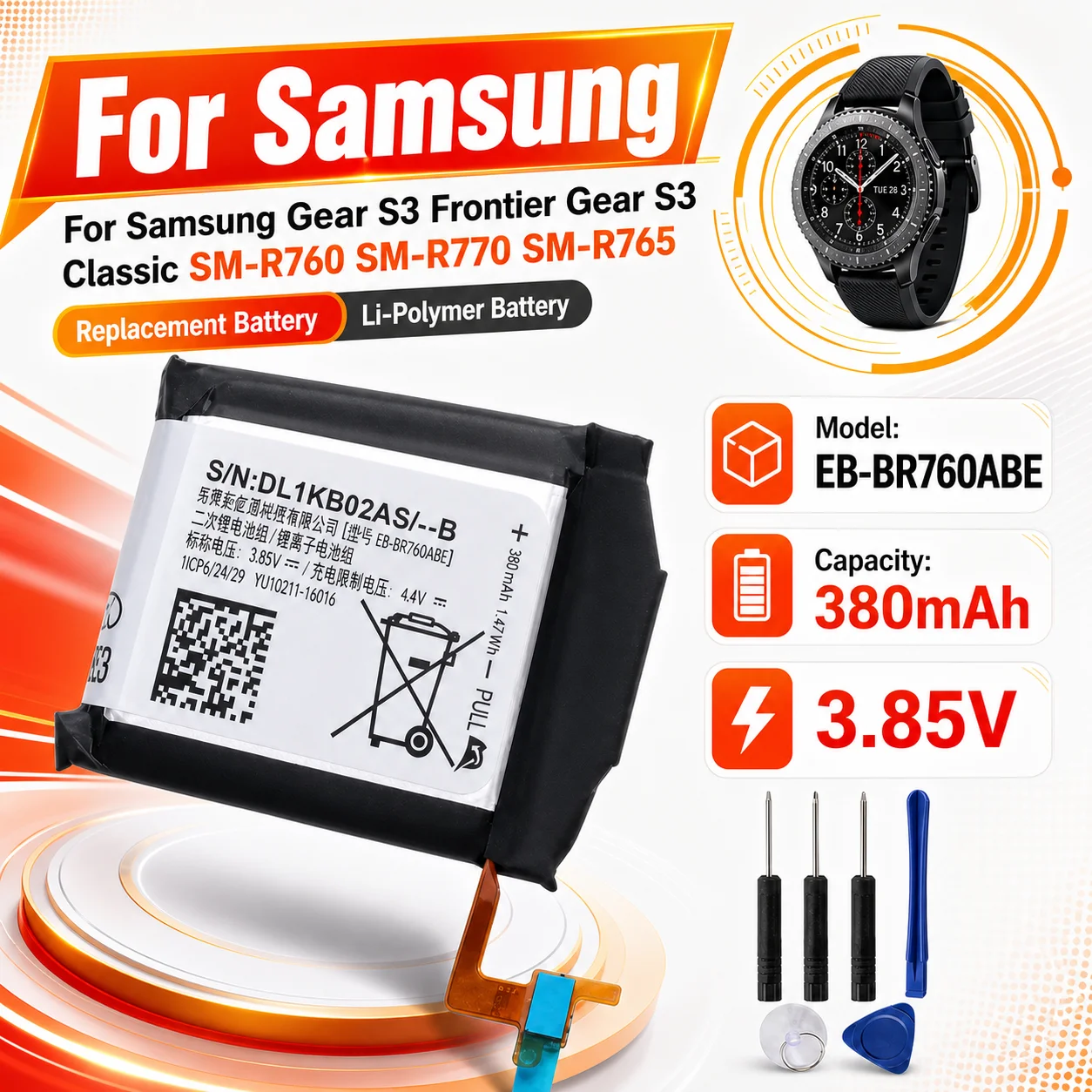 Smart Watch Replacement Battery EB-BR760ABE 380mAh For Samsung Gear S3 Frontier Classic SM-R760 R765 R770 Tools