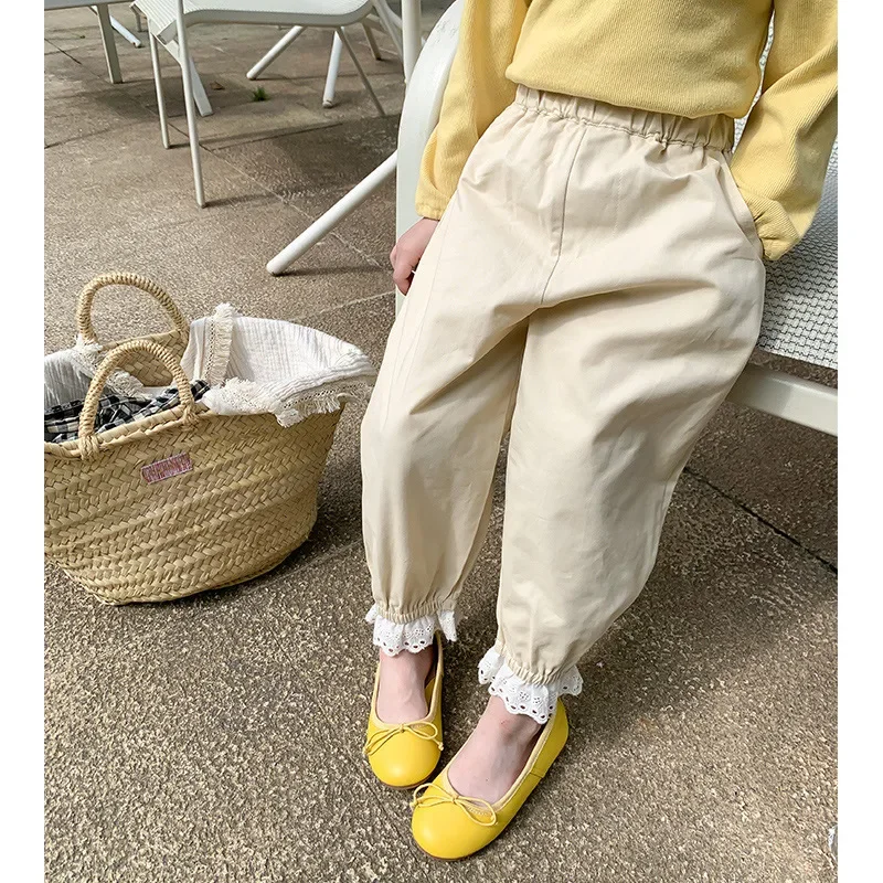 Korean Style Spring Autumn Girls Pants Solid Color Lacy Border Loose Causal Trousers Versatile Sweatpants