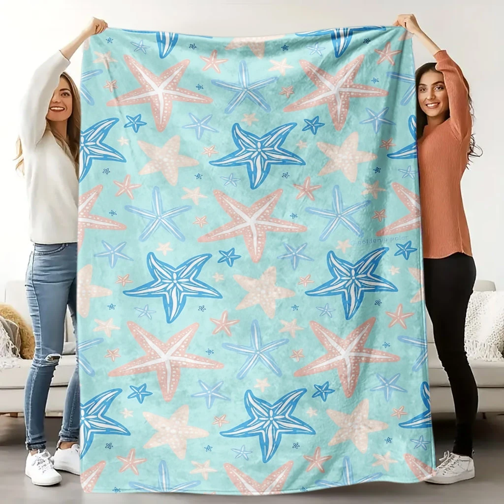 Light Mint Green Base Pink Blue Cartoon Starfish Full Print Fluffy Throw Blanket, Warm Soft Couch Coastal Summer Home Gift