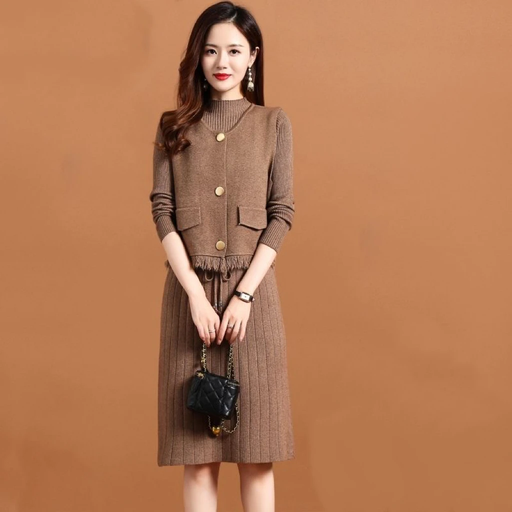 EHQAXIN Autumn Winter Women's Knitted Dress Set 2023 Fashion Loose Buttons Cardigan Vest+Pleated Lace-Up Sweater Dress Set M-2XL