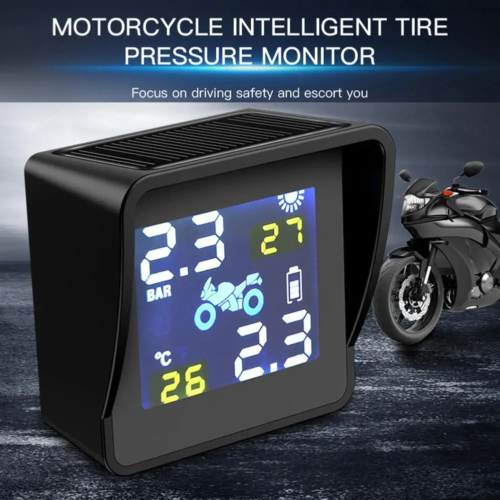 Solar Charging LCD Motorcycle TPMS Tire Pressure Tyre Temperature Monitoring Alarm System Auto Replacement Parts with 2 Sensors