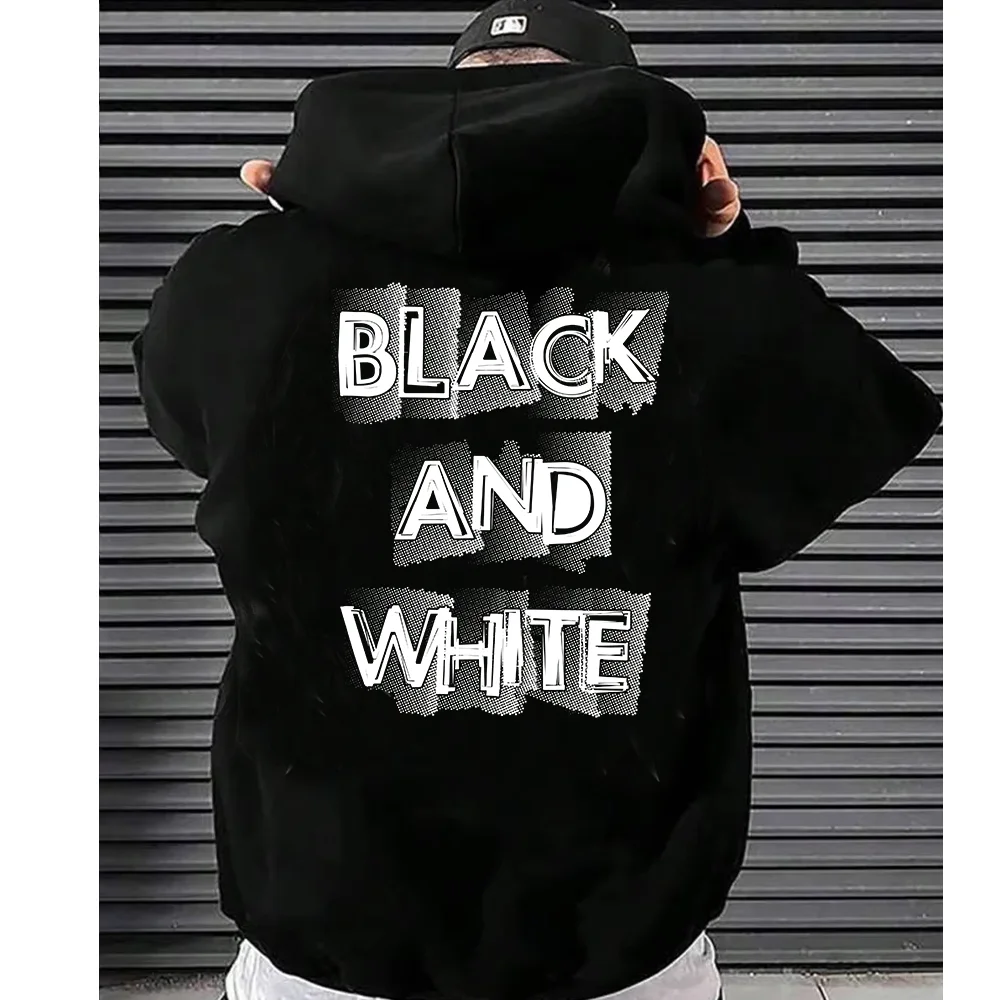 

Black And White Men Print Hoodies Fashion Letter Printed Graphic Sweatshirts Loose Casual Harajuku Hooded Pullover Sportwear