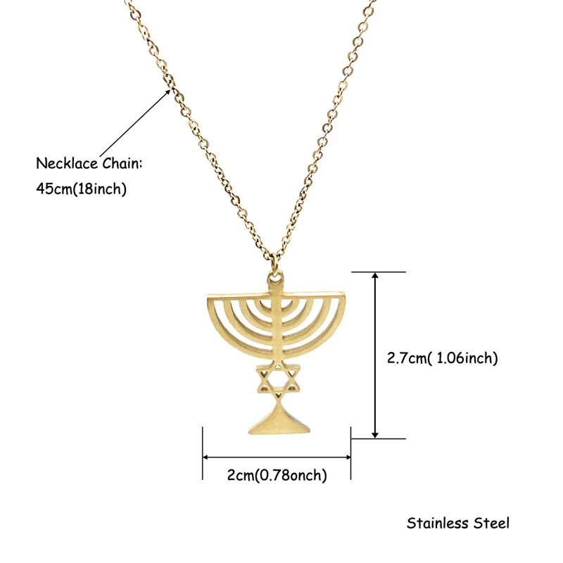 1PC Golden Stainless Steel Jewish Star Of David Menorah Pendant Necklace For Women Kabbalah Hanukkah Jewelry