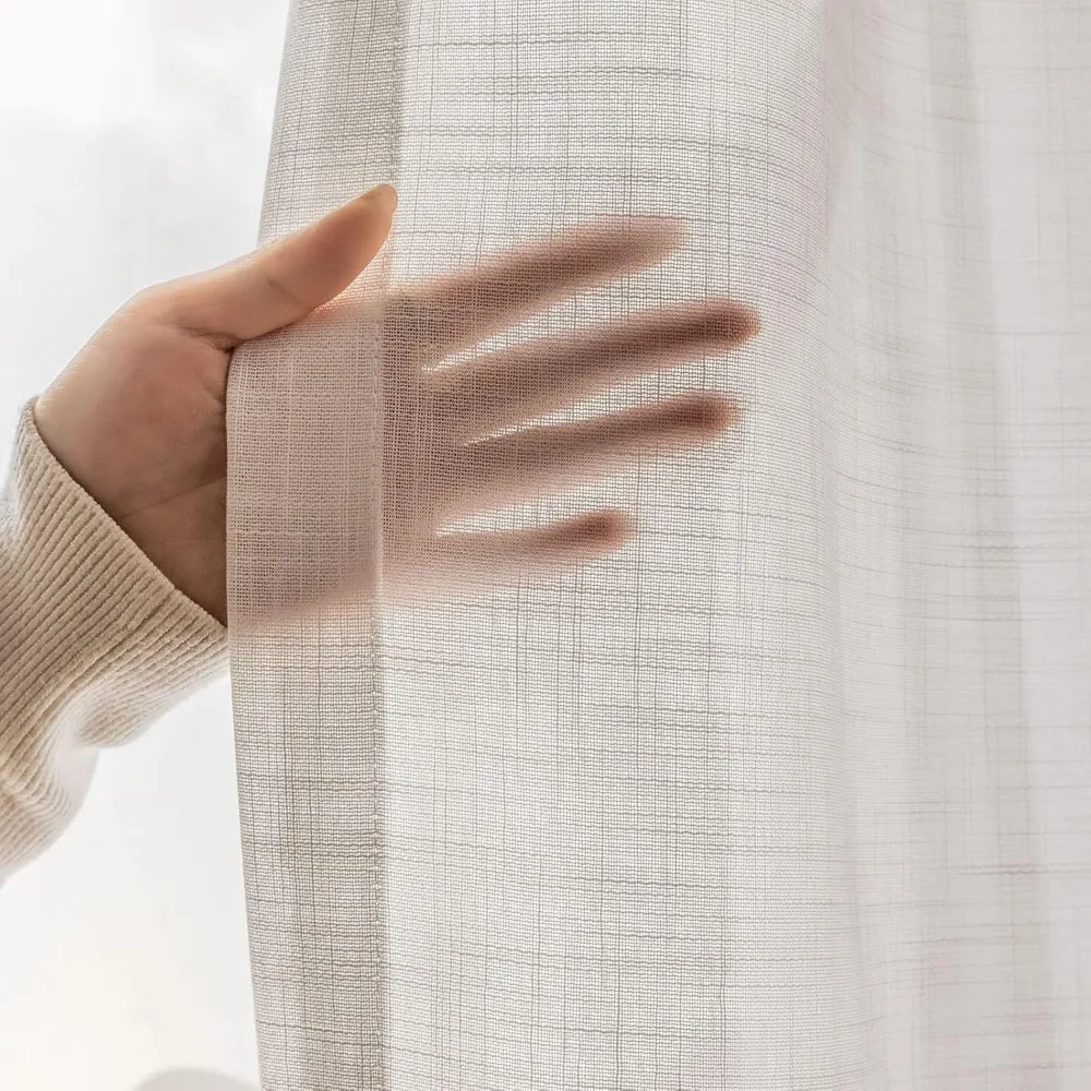 

Прозрачные шторы с льняной текстурой и защемленными складками, очень широкие для гостиной, длина 84.