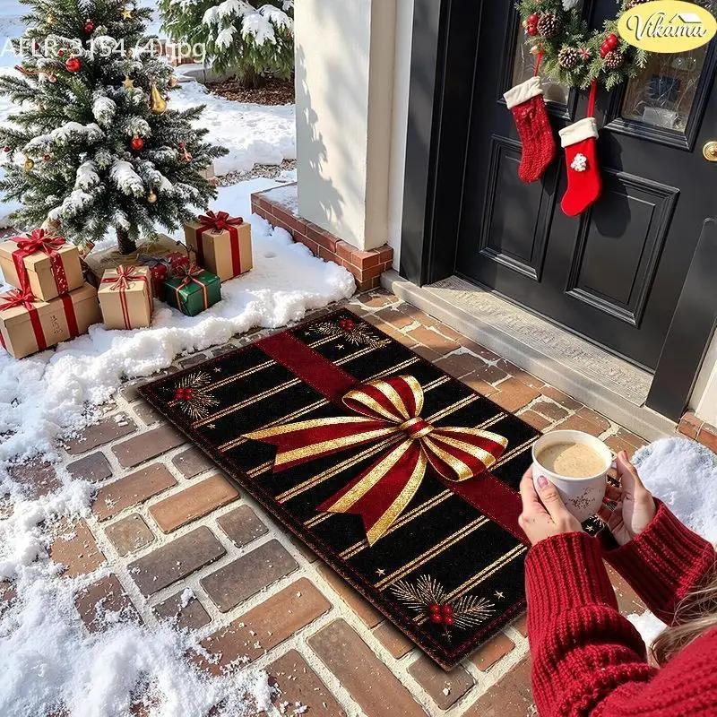 VIKAMA Mint Green Stripe Bow Entryway Rug Non Slip Low Profile Mats for Outside Front Door Xmas Holiday Decor Washable