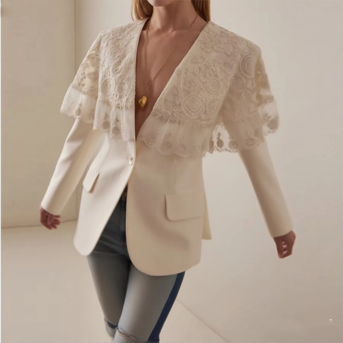 

Woman Autumn Winter Lace Detailing Jackets 2025 New Deep V-Neck Single-button Elegant Long Sleeves Trench Ladies Vintage Coat