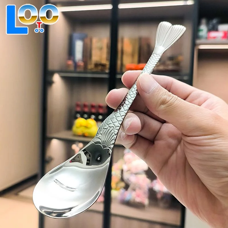 2 個ステンレス鋼クリエイティブフィッシュテールダイニングスプーンフォーク食べるスプーン顔子供フォークデザートフルーツフォーク食器セット