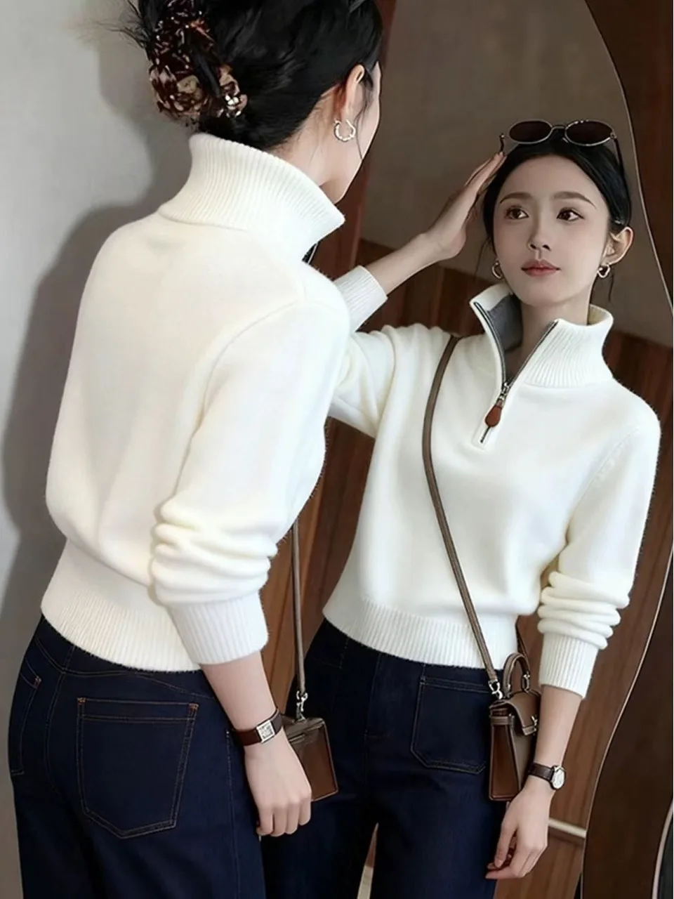 Oule Blanco Cuello alto Base de punto irt Mujer Color Blo f Zip Camiseta larga Sve Mezcla de poliéster suave Camere