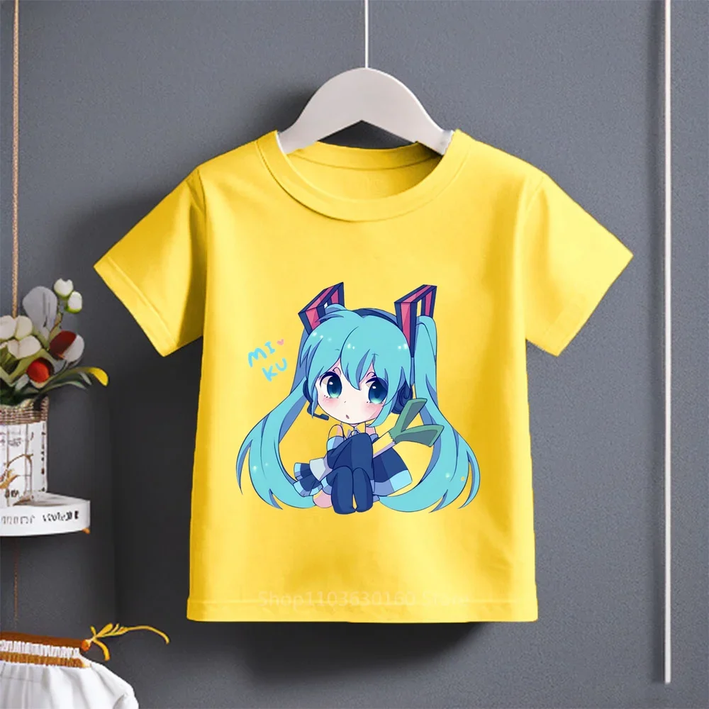 Letnia nowa Hatsune Miku nadruk kreskówkowy t-shirt dla chłopców dziewcząt bawełniana stylowa modna urocza dziecięca najlepsza odzież z krótkim