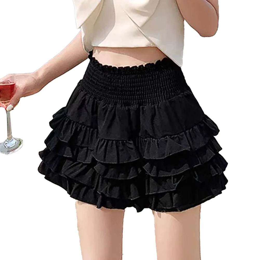 Rok pendek rok kue Hip-cover rok kasual pinggang tinggi Puffy Ruffle seksi warna Solid mode sehari-hari wanita