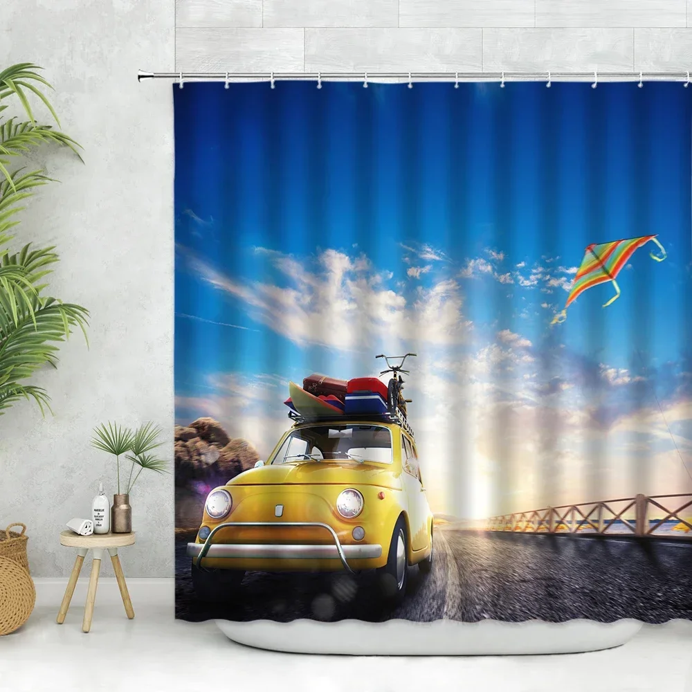 Scenic Shower Curtain Under Blue Sky Yellow Camper Traveling With Luggage Summer Theme Hanging Cloth Bathroom Curtain Decoration