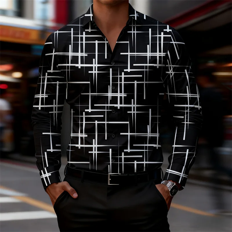 2025 New Men's Trendy Geometric Line Printed Long Sleeve Shirt Personality Fashion Slim Lapel Casual All-match Shirt XS-6XL Size