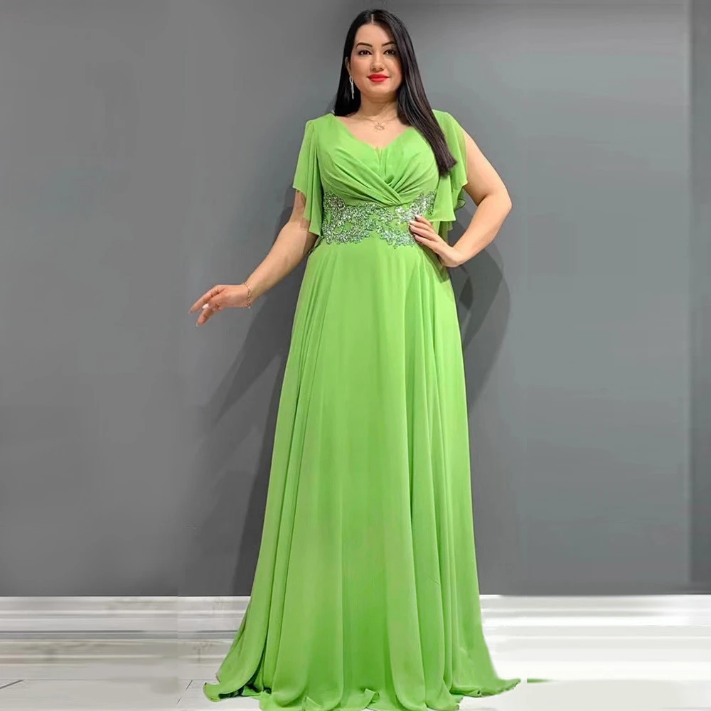 

Elegant Evening Dress for Women V Neck Beads Appliques Pleated Floor-Length 2024 Pretty Chiffon Solid Color Bridesmaid Dress