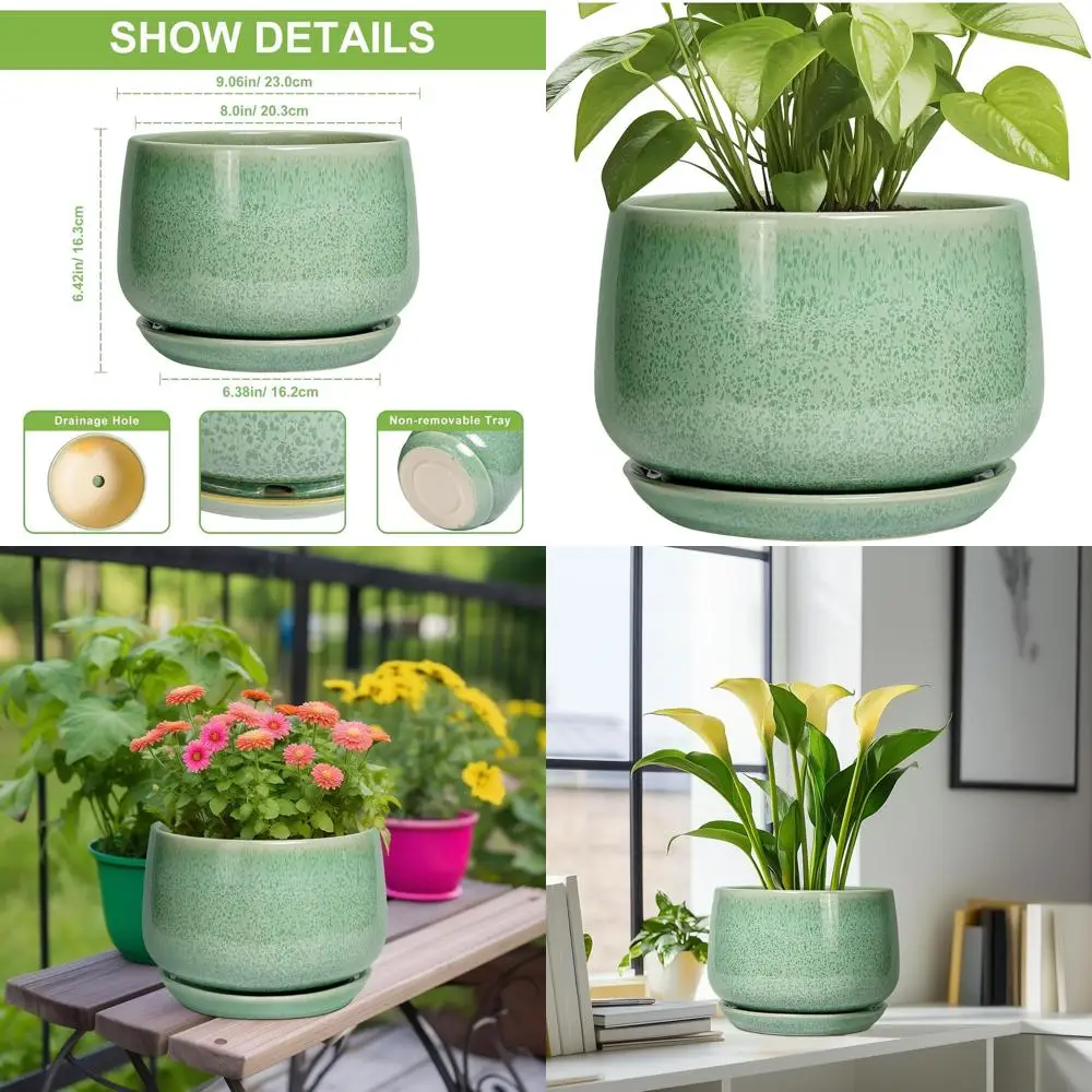 

9 Ceramic Plant Pot with Drainage Hole and Saucer, Modern Round Design for Indoor & Outdoor Plants, Ideal for Home and Garden De