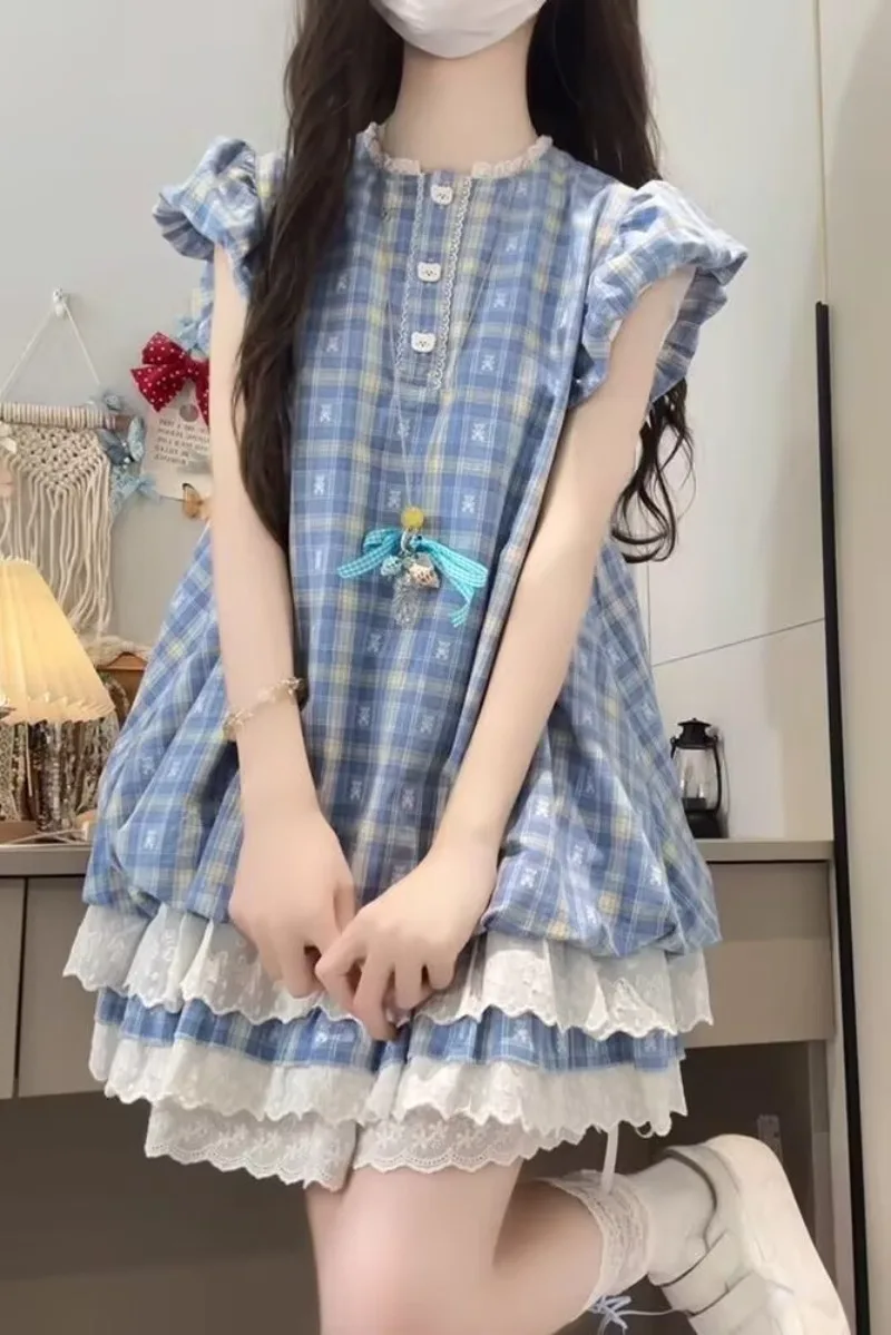 

College Style Dress for Women 2025 Summer New Plaid Print Cute Girl Cake Flower Bud Dress Bubble Sleeve Lace Y2k Dresses