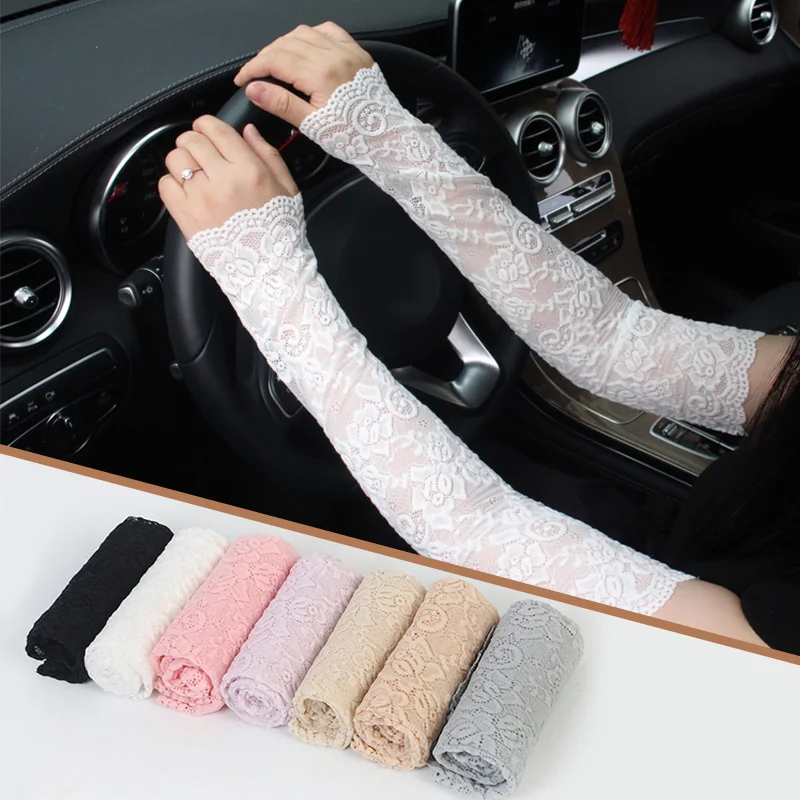 

Women Summer Sunscreen Lace Arm Sleeve Breathable Sun Protection Sleeves Driving Gloves Black White Long Fingerless Mittens