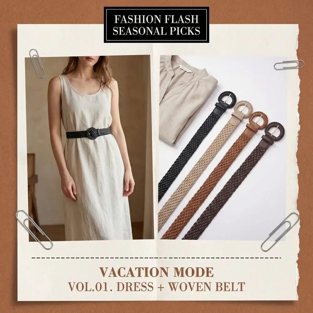 Vintage Woven Weave Belt Round Wide Retro Belt PU Leather Hollow Out Bohemian Style Waistband Women