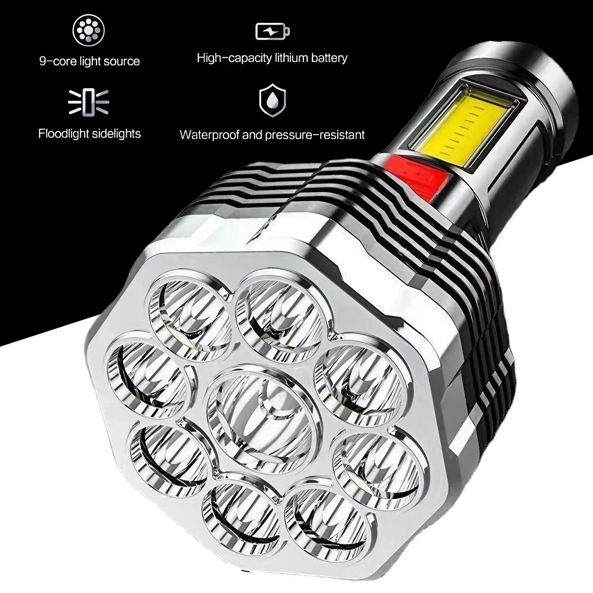 Efficient Multi-Use Outdoor LED Throw Light, Nine LED USB Rechargeable Flashlight, Dual Light Source, Enhancing Outdoor Camping