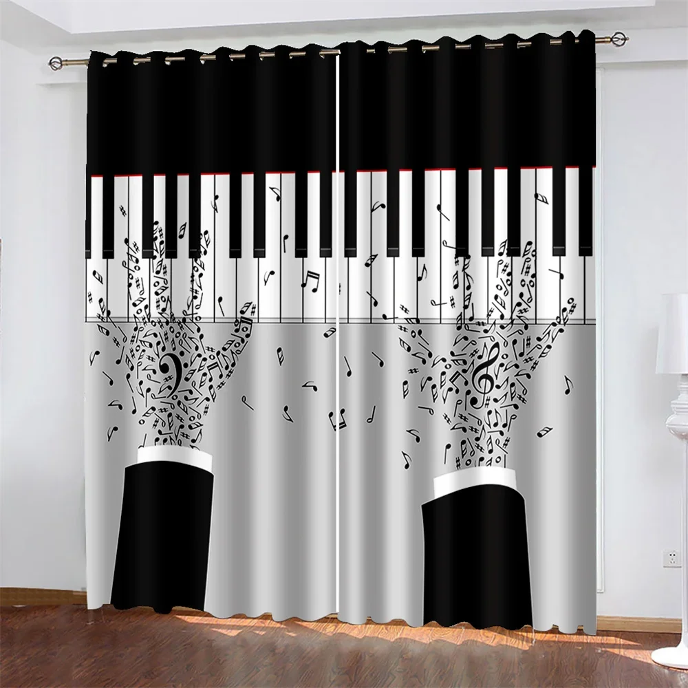 3D Play Music Black White Classic Abstract Note Art Modern Thin 2 Pieces Curtains for Living Room Bedroom Window Drape Decor