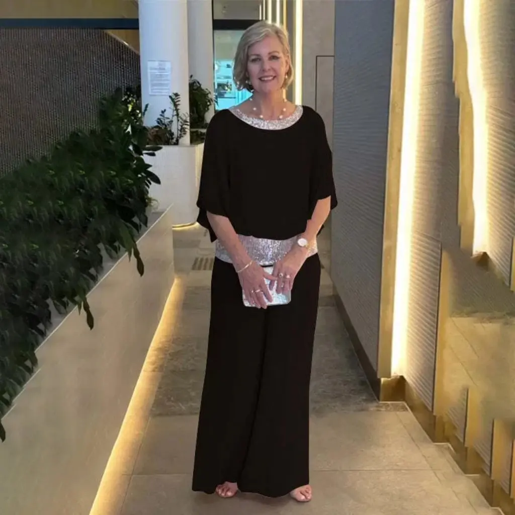 

Women's European American New Suit Crewneck Sequin Color Bat Shirt Wide Leg Pants Set