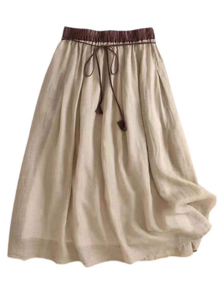 ارتفاع الخصر طبقات مزدوجة الكتان ألف خط تنورة المرأة ماكسي ميدي تنورة جرس بوت القطن الكتان f الجسم التنانير #5