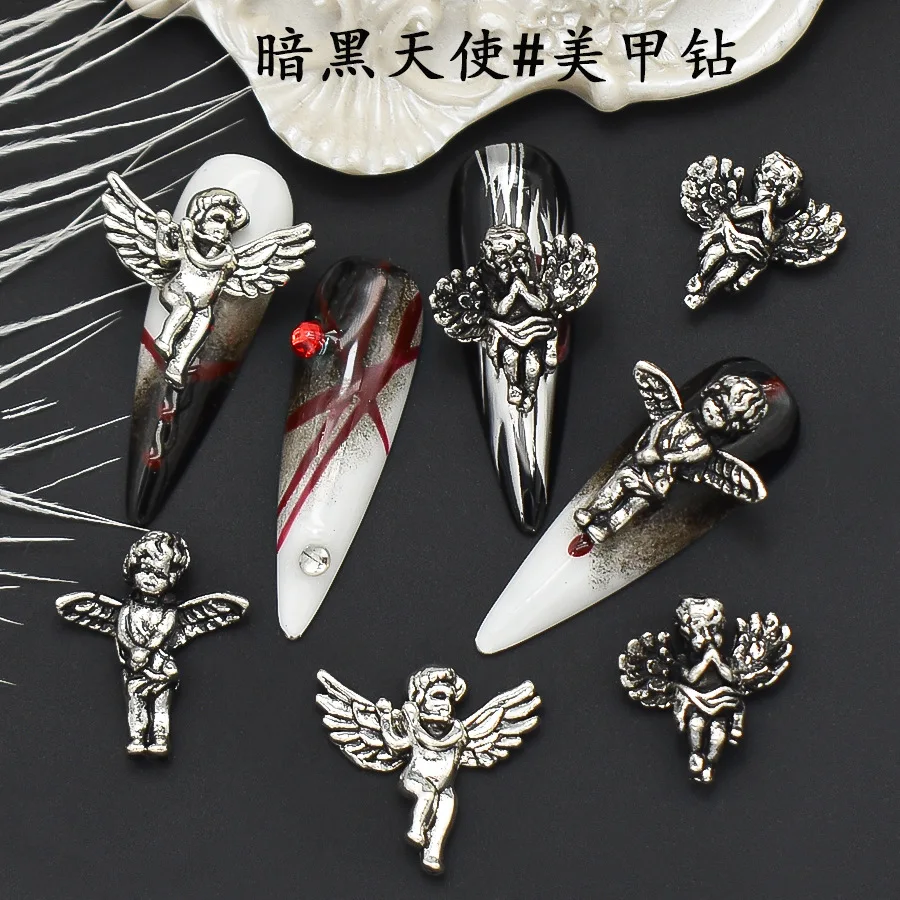 10PCS Antique Silver Vintage Dark Angel Nail Decoration Accessories Cool Gothic Nail Charms Supplies For DIY Manicure Decor