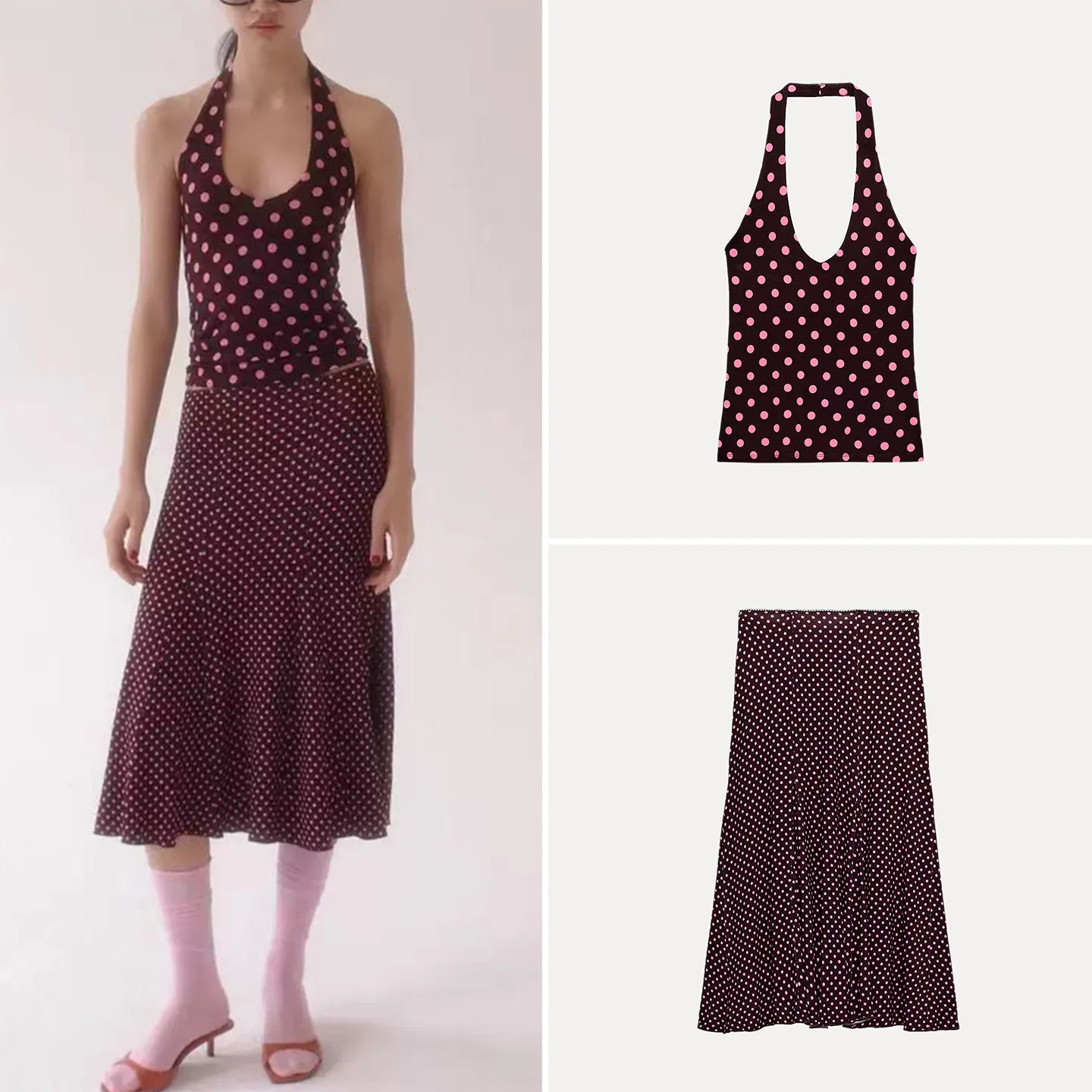 

Women's Spring 2026 New Backless Polka Dot Neck Hanging Top Midi Skirt Elasticity Fashion Set Two-Piece Suit round Dot Pattern