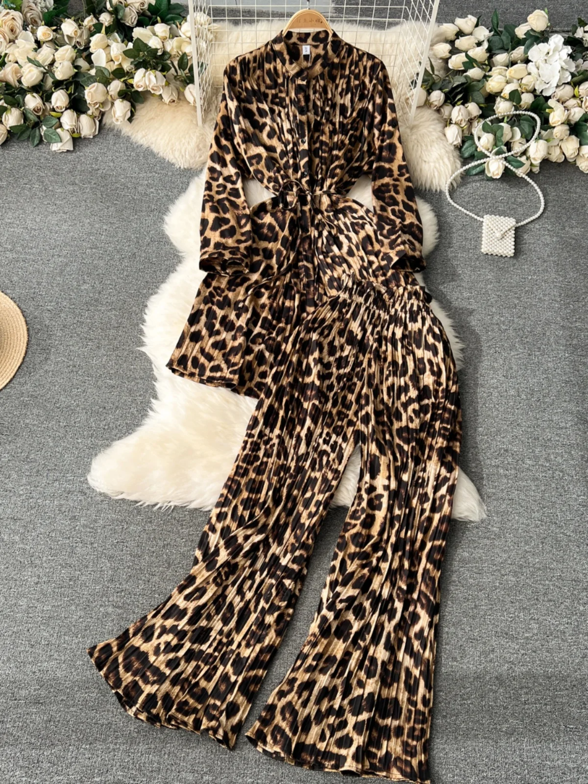 Women's Mid-Length Printed Top And Wide Leg Pants Two-Piece Set High Waist Belted Casual Faion Autumn Collection