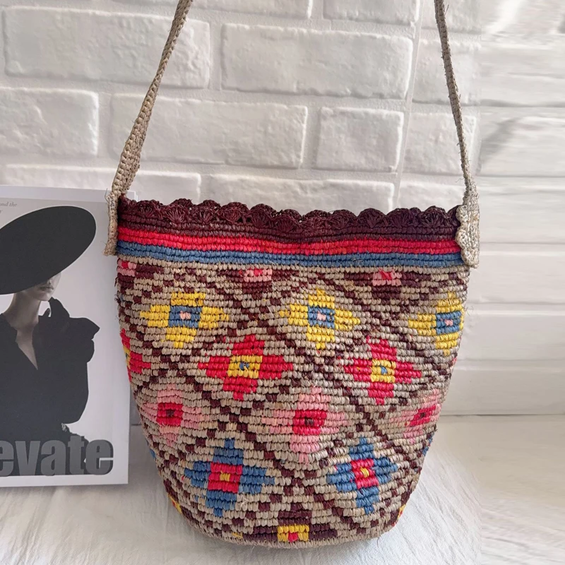 

Beach Straw Bucket Bags For Women Luxury Designer Handbag Purses 2026 New In Checkered Floral Colorful Pattern Underarm Shoulder