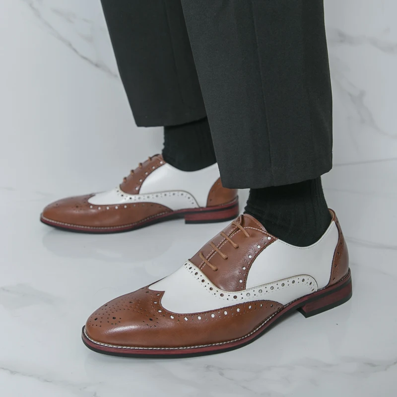 أحذية جلدية كاجوال للرجال موضة حجب الألوان نمط العمل أو الأعمال 38-46 في الهواء الطلق الشارع أو أحذية العريس الزفاف البروغ #5