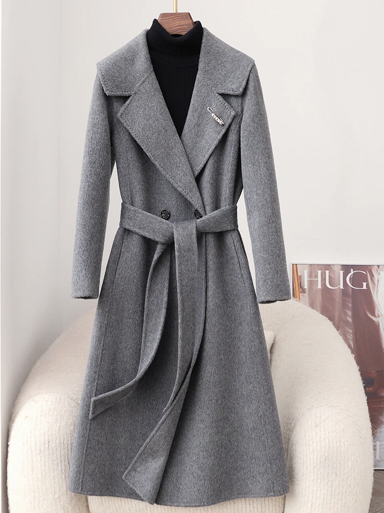 2024 new winter gray high-end double-sided velvet coat for women, medium and long, Hepburn style 100% wool woolen coat