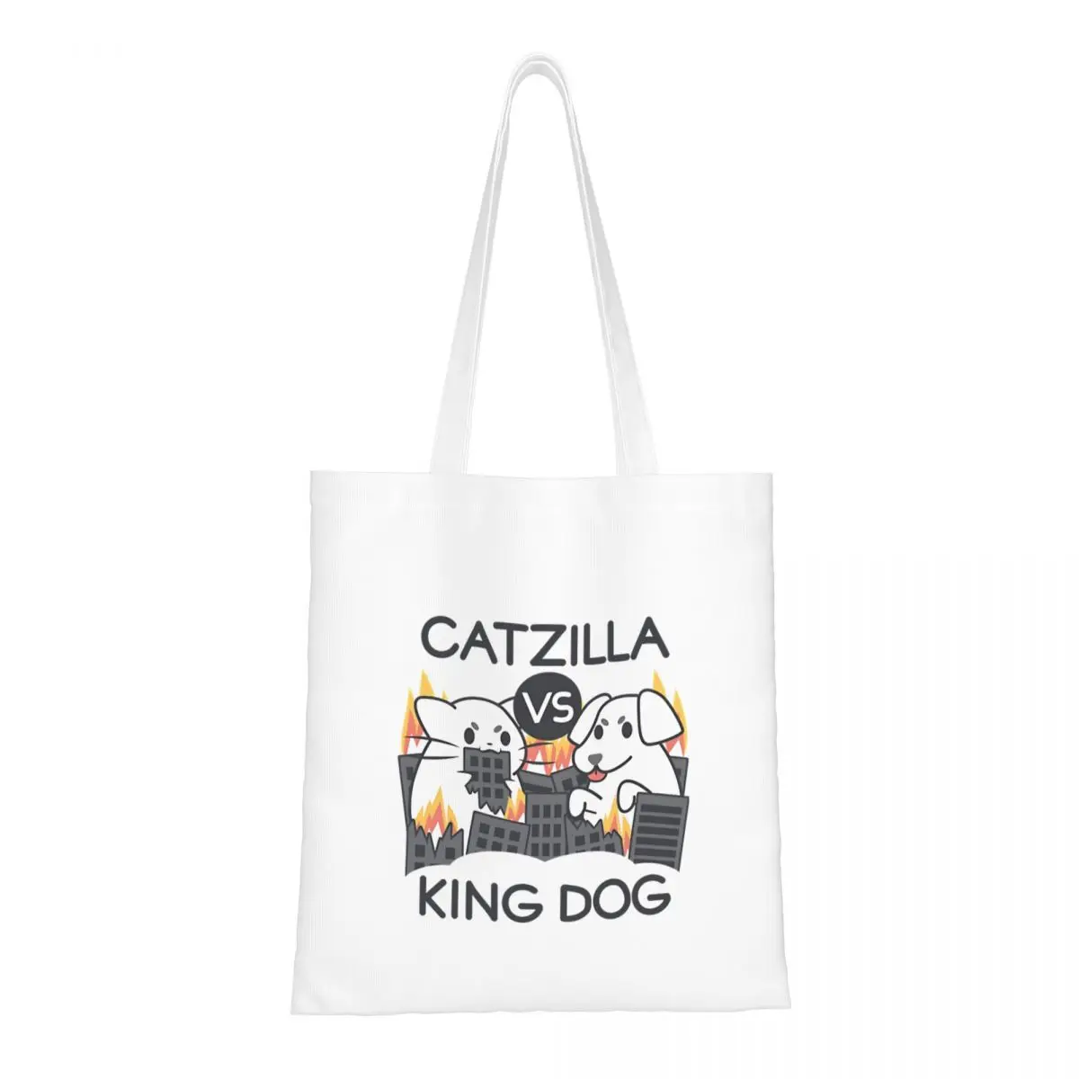 حقيبة حمل قماشية لطيفة على شكل قطة من Catzilla Vs King Dog حقيبة بقالة عصرية ذات سعة كبيرة لحقائب الطلاب للجنسين